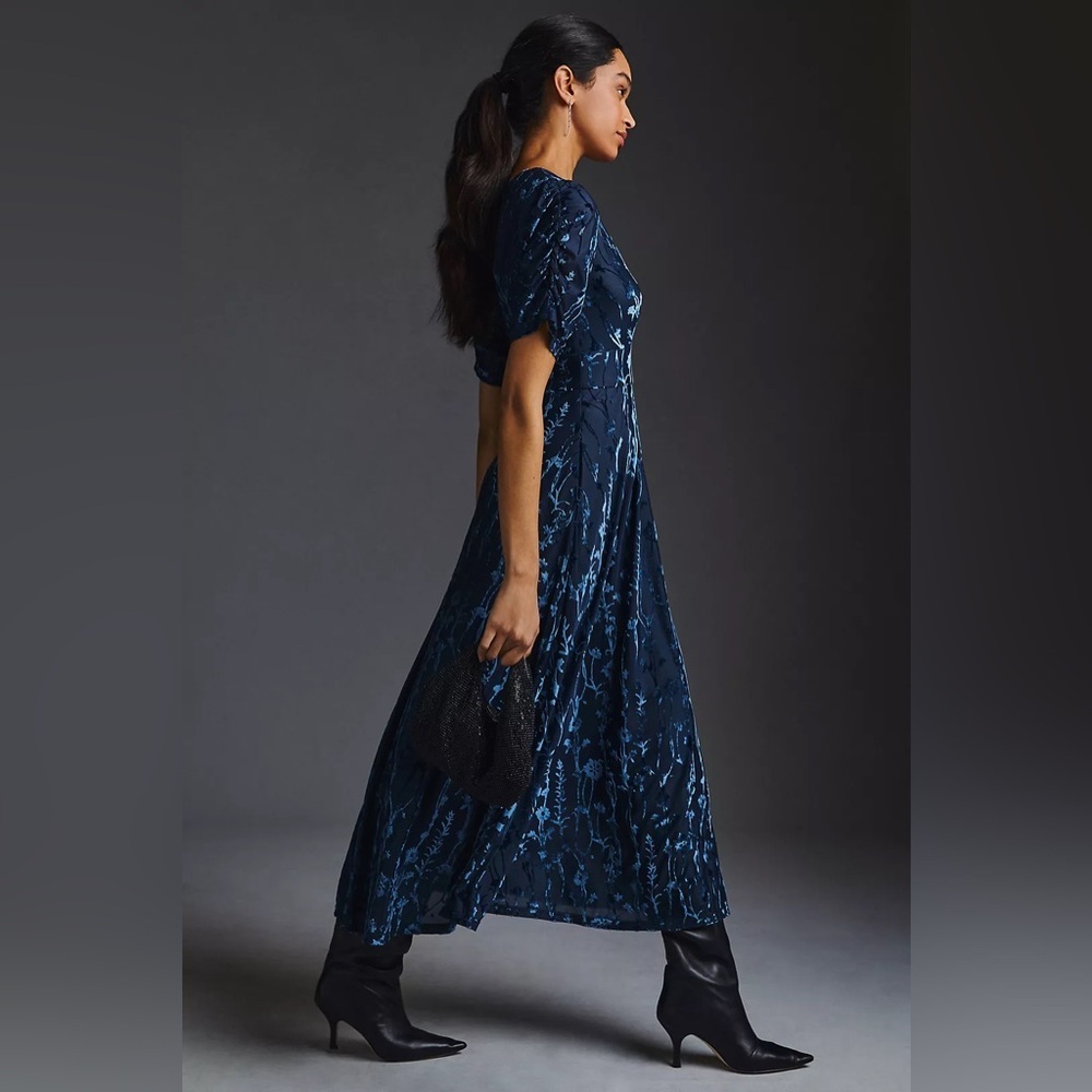 Anthropologie Hutch Puff Sleeve Burnt Velvet Midi Dress Womens 2 Blue Midi - Picture 2 of 12